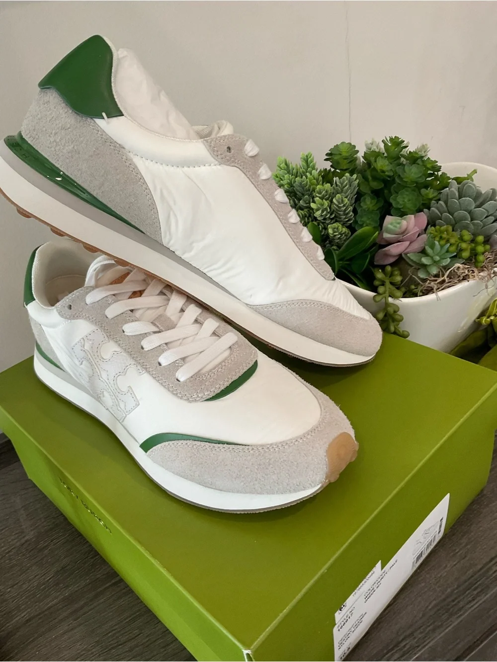 White & Green Leather Suede Sneakers